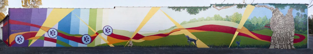 “Animal Compassion Tree” Mural, 2015 - 100 x 16 foot mural located in East Atlanta Village on East Atlanta Animal Clinic wall. Team building with Animal Clinic staff - painted with 25 people. Commission.