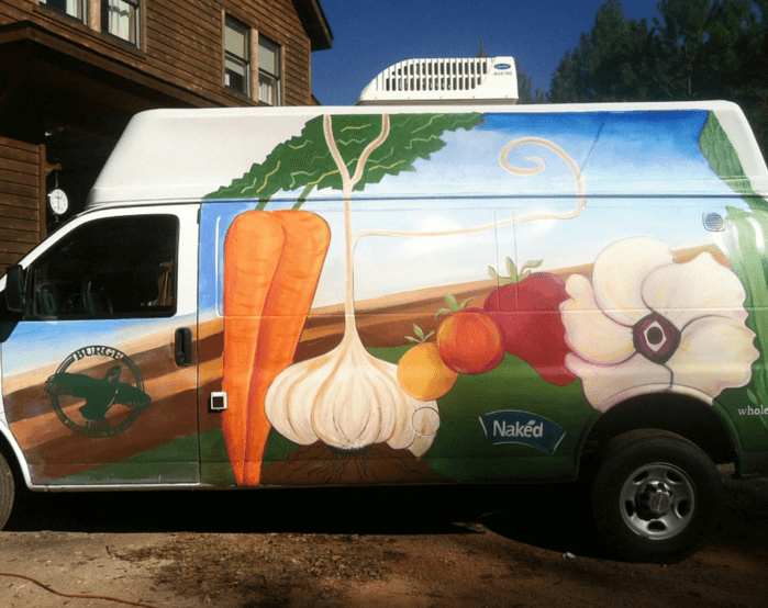 “Burge Organic Farm Van” Mural 2013 - 9 x 16 foot. Burge Organic Farm Delivery Van - painted with community at the Peachtree Road Farmer’s Market. Funded by Naked Juice Company.